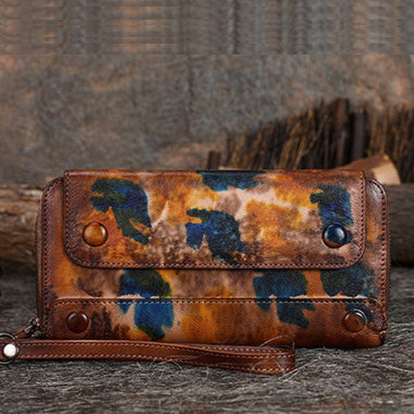Vintage MIX Yellow Leather Wristlet Wallets Womens Zip Around Wallet Ladies Bifold Clutch Wallet for Women