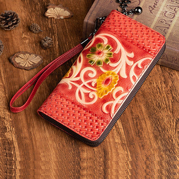 Vintage Floral Red Leather Wristlet Wallet Womens Zip Around Wallets Floral Ladies Zipper Clutch Wallets for Women