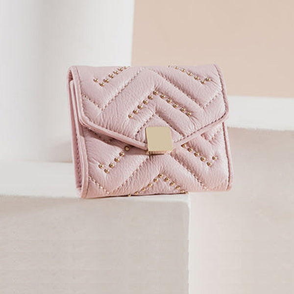 Cute Womens Pink Leather Small Wallet with Rivets Slim Billfold Small Wallet For Women