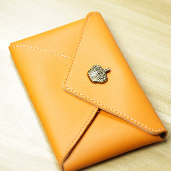 Slim Women Orange Crown Leather Card Wallet Minimalist Envelope Card Holder Wallet Coin Wallet For Women