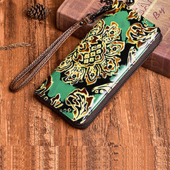 Handmade Womens Sunflower Green Leather Zip Around Wallet Wristlet Wallet Floral Ladies Zipper Clutch Wallet for Women