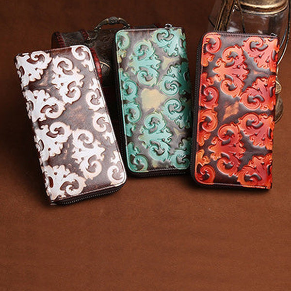 Vintage Womens Floral Leather Zip Around Wallet Floral Ladies Zipper Clutch Wallet for Women