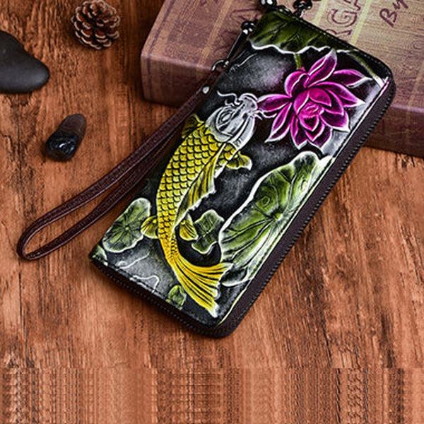 Womens Carp&Lotus Flower Silver Leather Zip Around Wallet Wristlet Wallet Floral Ladies Zipper Clutch Wallet for Women