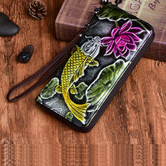 Womens Carp&Lotus Flower Silver Leather Zip Around Wallet Wristlet Wallet Floral Ladies Zipper Clutch Wallet for Women
