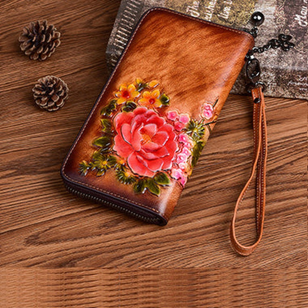 Vintage Flowers Brown Leather Wristlet Wallet Womens Zip Around Wallets Flowers Ladies Zipper Clutch Wallet for Women