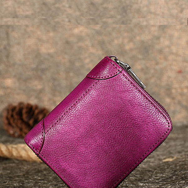 Vintage Women Purple Leather Small Wallet Zip Around Bifold Billfold Wallet with Coin Pocket For Women