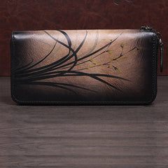 Womens Black Leather Zip Around Wallet Wash Painting Flowers Wristlet Wallet Ladies Zipper Clutch Wallet for Women