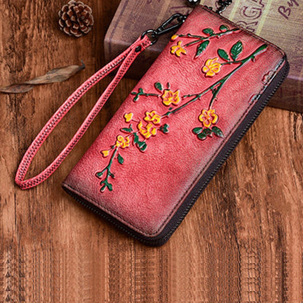 Handmade Womens Red Leather Plum Blossom Flowers Wristlet Wallet Zip Around Wallet Ladies Zipper Clutch Wallet for Women