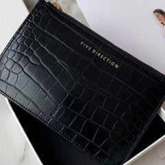Cute Women Black Vegan Leather Card Holder Wallet with KeyChain Crocodile Pattern Card Wallet Zip Coin Change Wallet For Women
