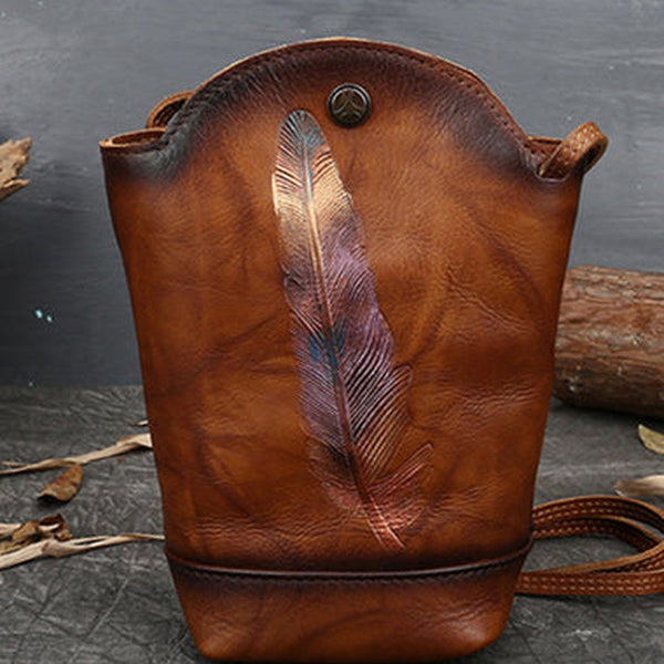 Vintage Womens Brown Leather Shoulder Bucket Bag leather phone Bucket bag for women Side bag crossbody bag