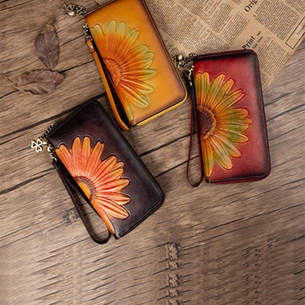Womens Leather Zip Around Wallets Sunflower Wristlet Wallets Flower Ladies Zipper Clutch Wallet for Women