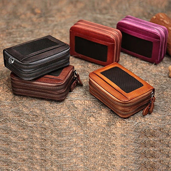 Vintage Women Leather Card Holders Small Double Zip Card Wallet Small Wallet For Women