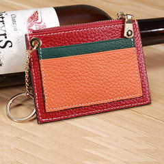 Slim Womens Patchwork Red Leather Card Wallets with Keychain Cute Zip Card Holder Wallet for Women