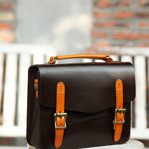 Womens Handmade Coffee Leather Satchel Handbag Cambridge Structured Satchel Shoulder Purse