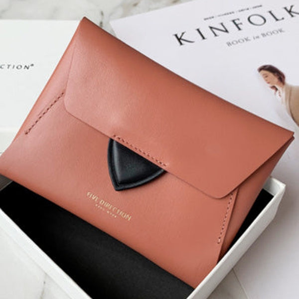 Women Light Red Leather Small Wallet Envelope Change Wallet Slim Coin Wallet For Women