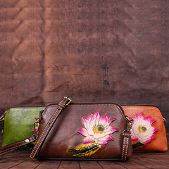 Womens Lotus Flower Leather Wristlet Wallets Shoulder Bag Small Crossbody Bag for Women