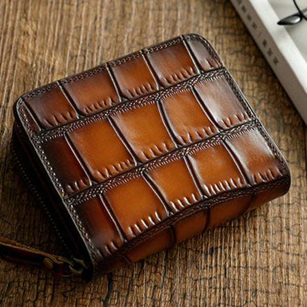 Small Coffee Leather Zip Wallet Crocodile Pattern Womens Zip Around Wallets Zipper Clutch Wallet for Women