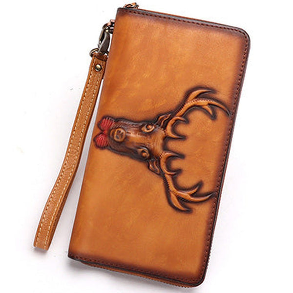 Vintage Reindeer Tan Leather Wristlet Wallets Womens Zip Around Wallet Reindeer Ladies Zipper Clutch Wallets for Women
