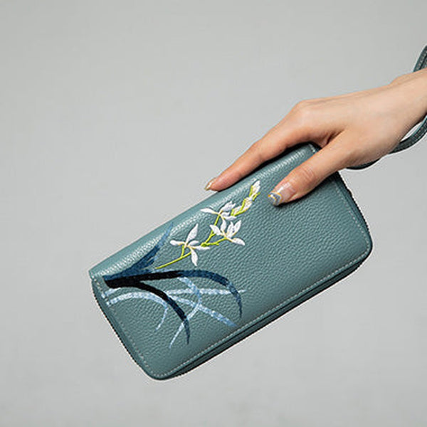 Handmade Embroidery Blue Leather Orchids Wristlet Wallet Womens Zip Around Wallets Flowers Orchids Ladies Zipper Clutch Wallet for Women