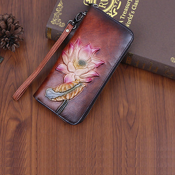 Womens Lotus Flower Coffee Leather Wristlet Wallets Zip Around Wallet Flower Ladies Zipper Clutch Wallet for Women