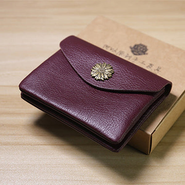 Slim Women Wine Sunflower Leather Card Wallet Minimalist Envelope Card Holder Wallet Coin Wallet For Women