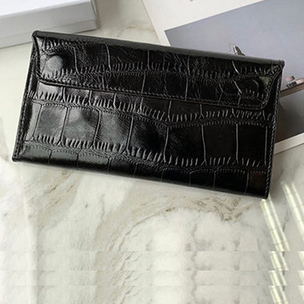 Cute Women Black Vegan Leather Long Wallet Crocodile Pattern Card Holder Clutch Wallet For Women