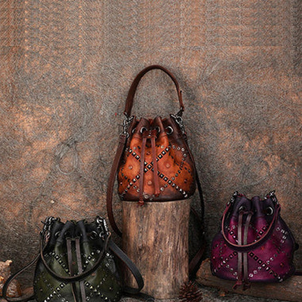Womens Leather Barrel Handbag Purse Vintage Rivet Round Shoulder Bag Bucket Crossbody Handbag for Women