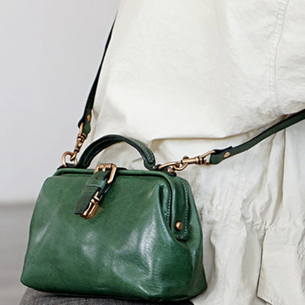 Vintage Womens Green Leather Doctor Handbag Side Purses Doctor Purses for Women