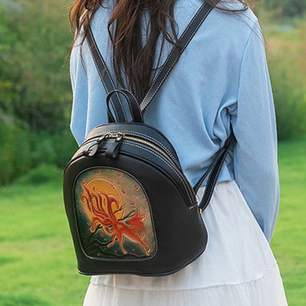 Handmade Ladies Black Leather Small Backpack Fox Tooled Womens Leather Rucksack