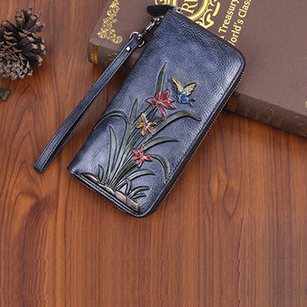 Womens Butterfly&Orchid Flower Gray Blue Leather Wristlet Wallets Zip Around Wallet Flower Ladies Zipper Clutch Wallet for Women