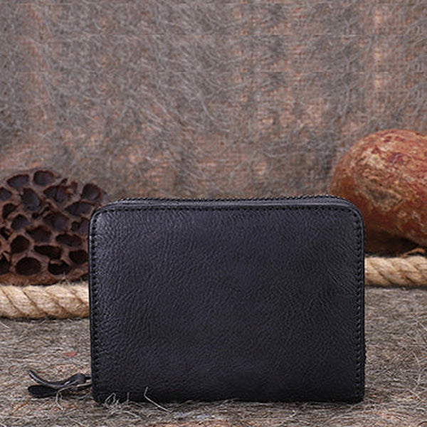 Vintage Women Black Gray Leather Small Wallet with Zip Around Card Holders Bifold Small Wallet Billfold For Women