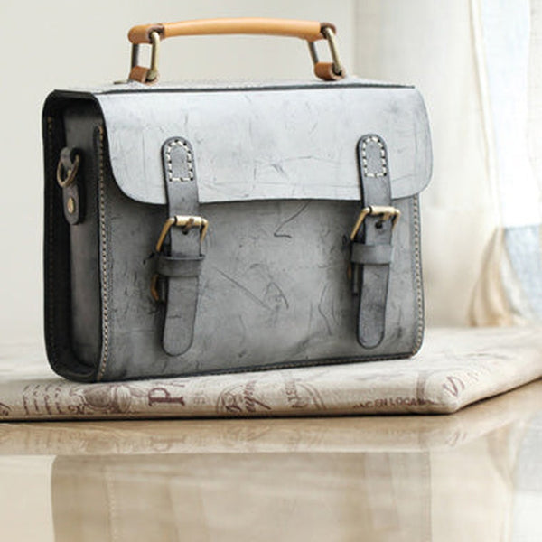 Womens Gray Leather Small Satchel Bag Waxed Leather Cambridge Small Handbag Shoulder Bag Purse for Women