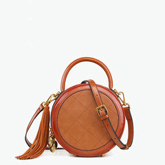 Womens Brown Leather Round Handbag Small Crossbody Purse Round Shoulder Bag for Women