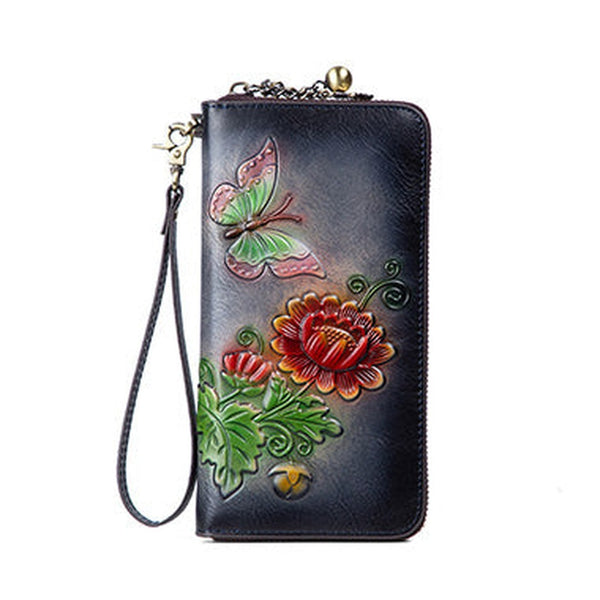 Womens Butterfly&Mums Flower Black Leather Wristlet Wallets Zip Around Wallet Flower Ladies Zipper Clutch Wallet for Women