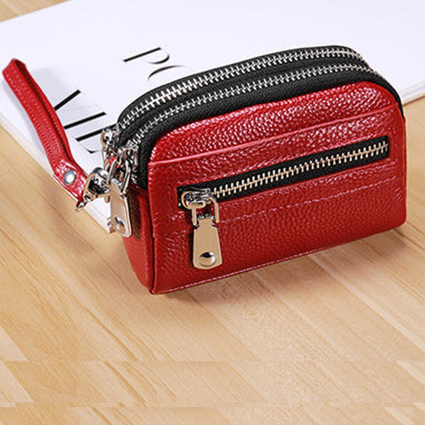 Small Womens Leather Red Double Zip Wallet Mini Wallet with Coin Pocket Zip Wallet for Ladies