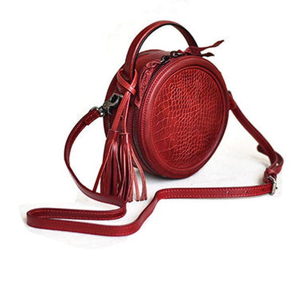 Womens Red Leather Round Crossbody Bag Crocodile Pattern Vintage Round Handbag Shoulder Bag for Women