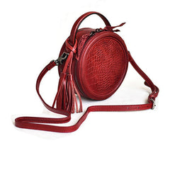Womens Red Leather Round Crossbody Bag Crocodile Pattern Vintage Round Handbag Shoulder Bag for Women