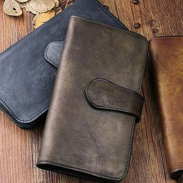 Handmade Leather Mens Cool Long Leather Wallet Trifold Clutch Wallet for Men