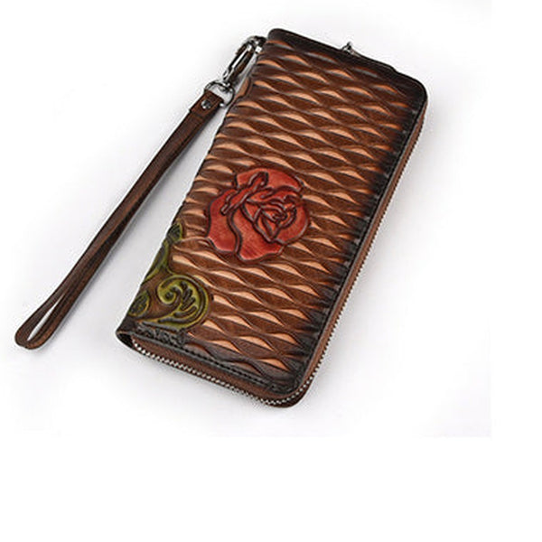 Womens Rose Flower Brown Leather Zip Around Wallet Wristlet Wallet Flower Ladies Zipper Clutch Wallet for Women