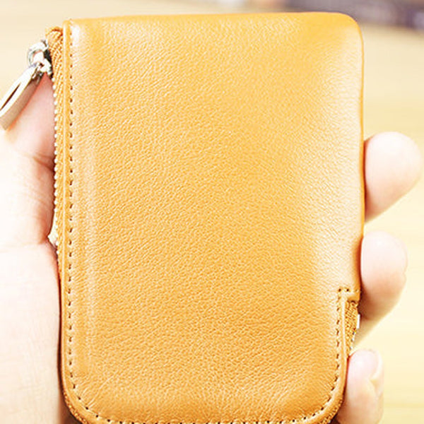 Women Leather Mini Zip Wallet Yellow Brown Billfold Slim Coin Wallets Small Zip Change Wallet For Women