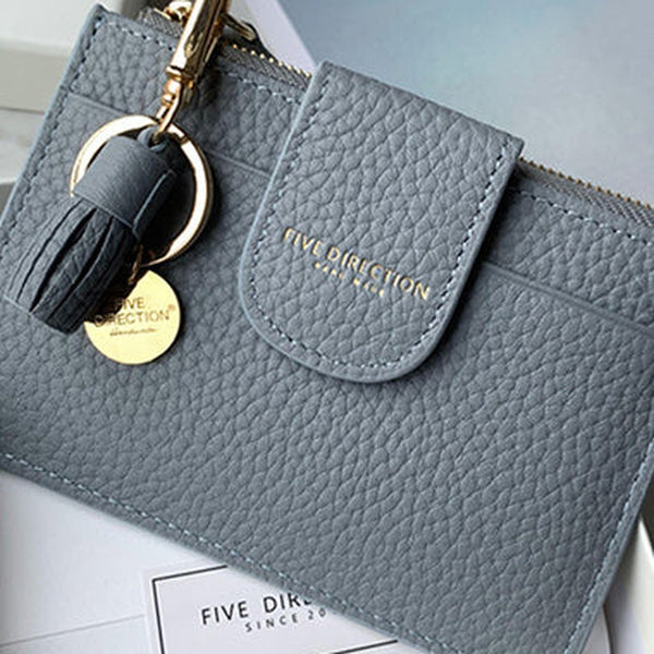 Cute Women Gray Blue Leather Slim Keychain with Card Wallet Card Holder Wallet Change Wallet For Women