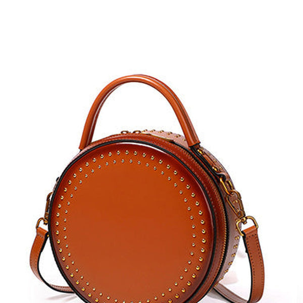 Womens Green Leather Round Handbag with Rivet Crossbody Purse Green Round Shoulder Bag for Women