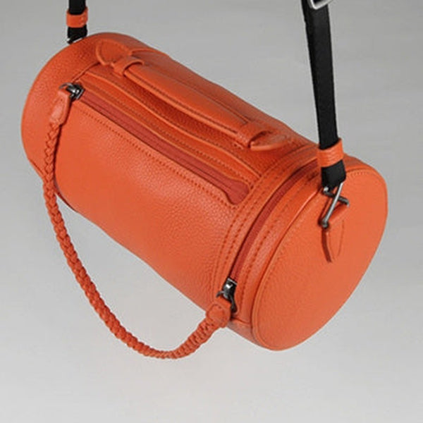 Cute Womens Orange Leather Bucket Shoulder Purse Barrel Crossbody Bag Purse for Ladies