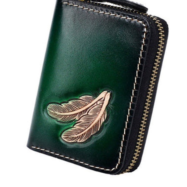 Around Zip Green Tooled Leather Card Wallet Mens Feather Zipper Card Holder for Men