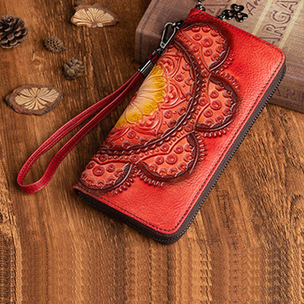 Womens Floral Red Leather Wristlet Wallet Flower Zip Around Wallets Floral Ladies Zipper Clutch Wallets for Women