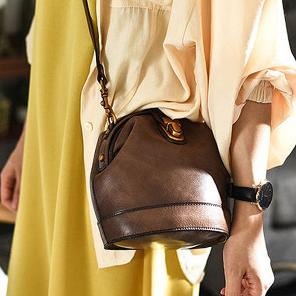 Handmade Womens Coffee Leather Doctor Bucket Shoulder Purses Coffee Doctor Crossbody Purse for Women