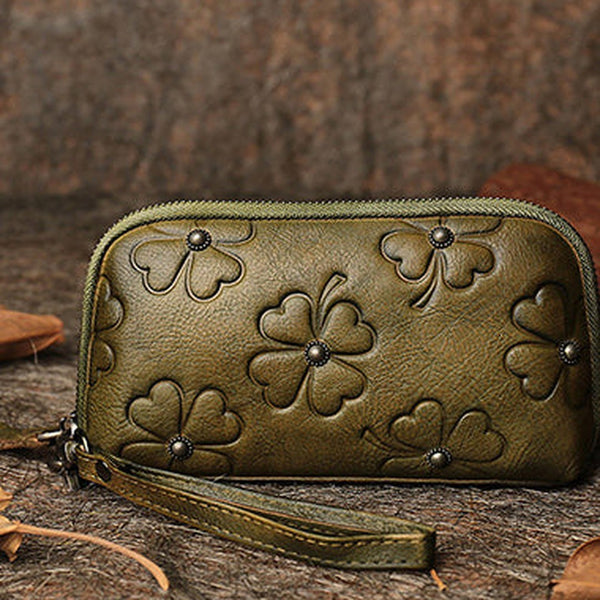 Handmade Clover Olive Green Leather Wristlet Wallets Womens Zip Around Wallet Ladies Cute Clutch Wallet for Women
