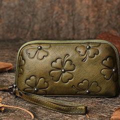 Handmade Clover Olive Green Leather Wristlet Wallets Womens Zip Around Wallet Ladies Cute Clutch Wallet for Women