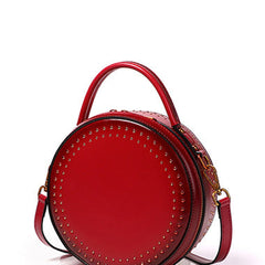 Womens Red Leather Round Handbag with Rivet Crossbody Purse Red Round Shoulder Bag for Women