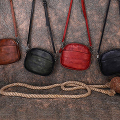 Vintage Small Leather Womens Round Shoulder Bag Handmade Around Crossbody Purse for Ladies